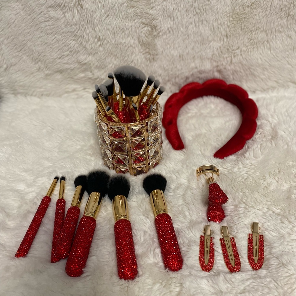 Red Glitter Makeup Brush Set with Headband